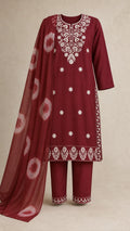 Gulnaar Garnet Plus-Size Cotton Embroidered 3-Piece Set complete three-piece set with dupatta