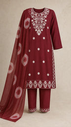 Gulnaar Garnet Plus-Size Cotton Embroidered 3-Piece Set complete three-piece set with dupatta
