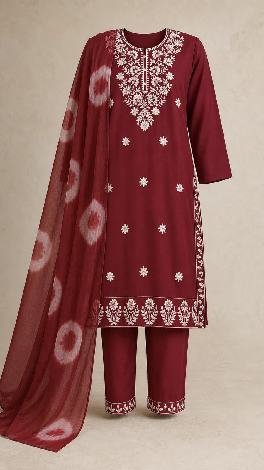 Gulnaar Garnet Plus-Size Cotton Embroidered 3-Piece Set complete three-piece set with dupatta