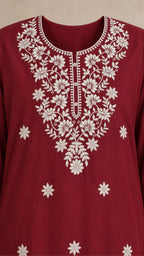 Gulnaar Garnet Plus-Size Cotton Embroidered 3-Piece Set dense ivory floral neckline detail