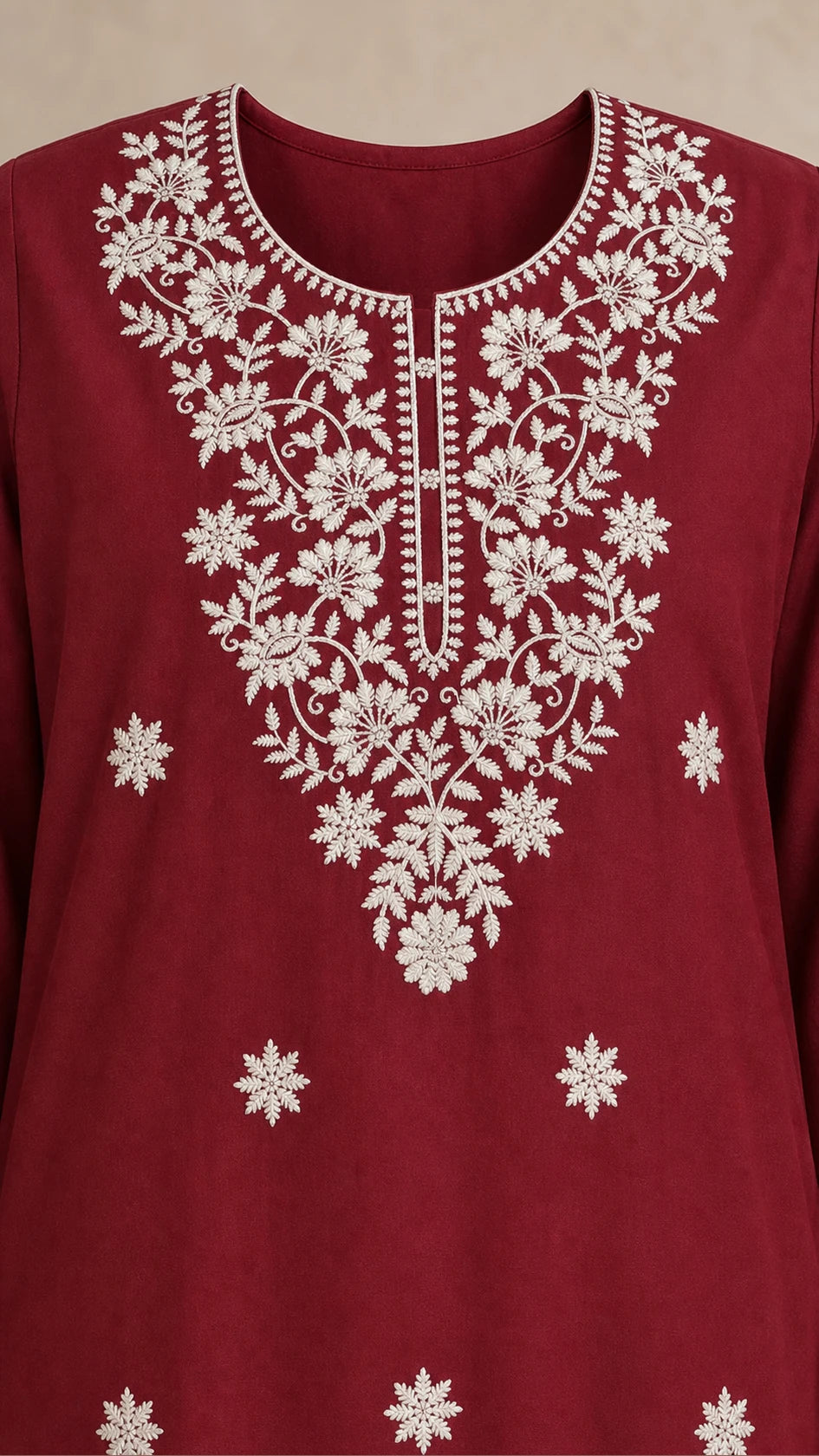 Gulnaar Garnet Plus-Size Cotton Embroidered 3-Piece Set dense ivory floral neckline detail