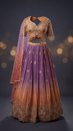 Mauve Sunset Ombre Bridal Lehenga Set — Zardozi Choli, Ombre Silk Skirt & Kiran-Jaal Dupatta