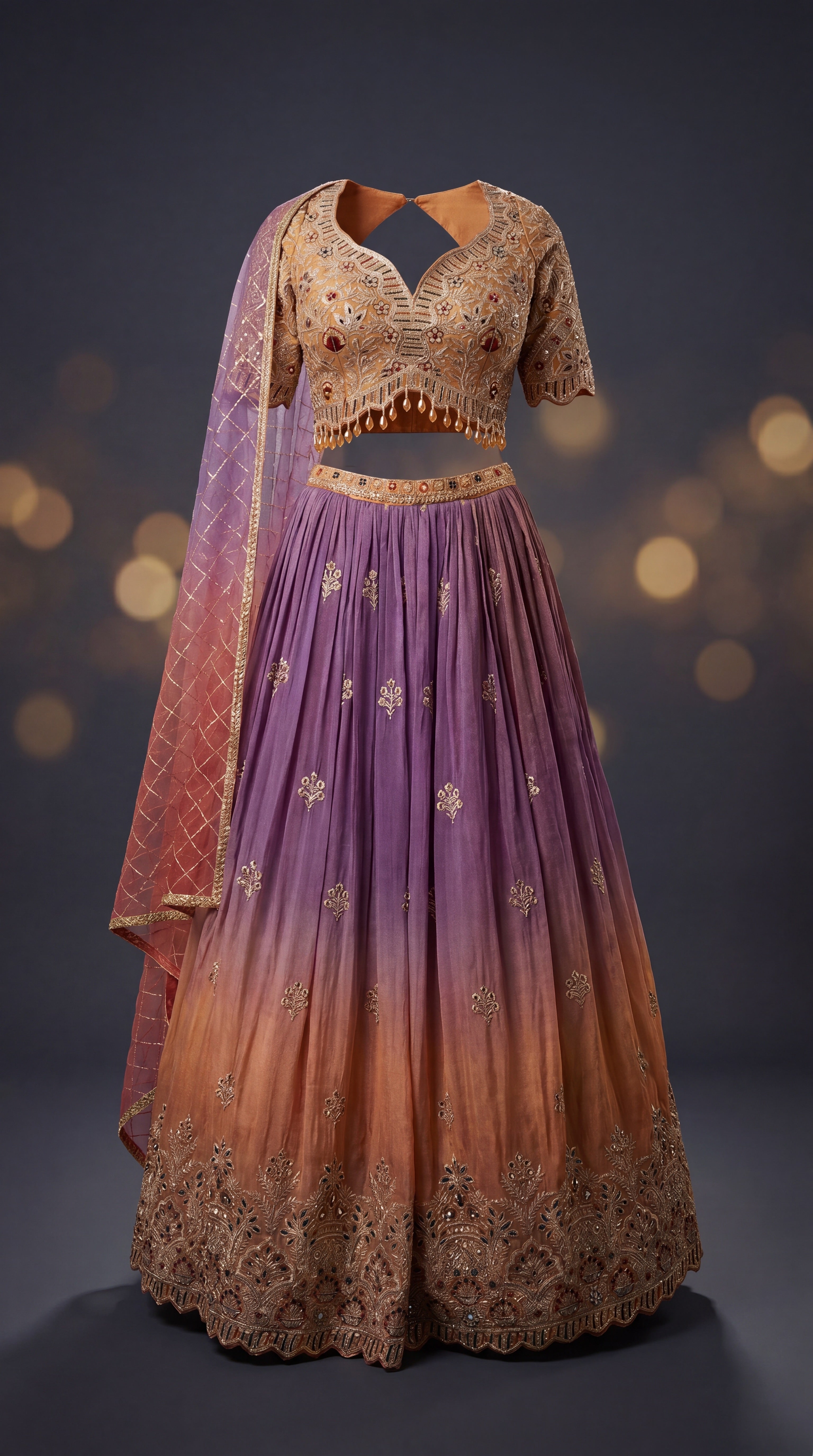 Mauve Sunset Ombre Bridal Lehenga Set — Zardozi Choli, Ombre Silk Skirt & Kiran-Jaal Dupatta