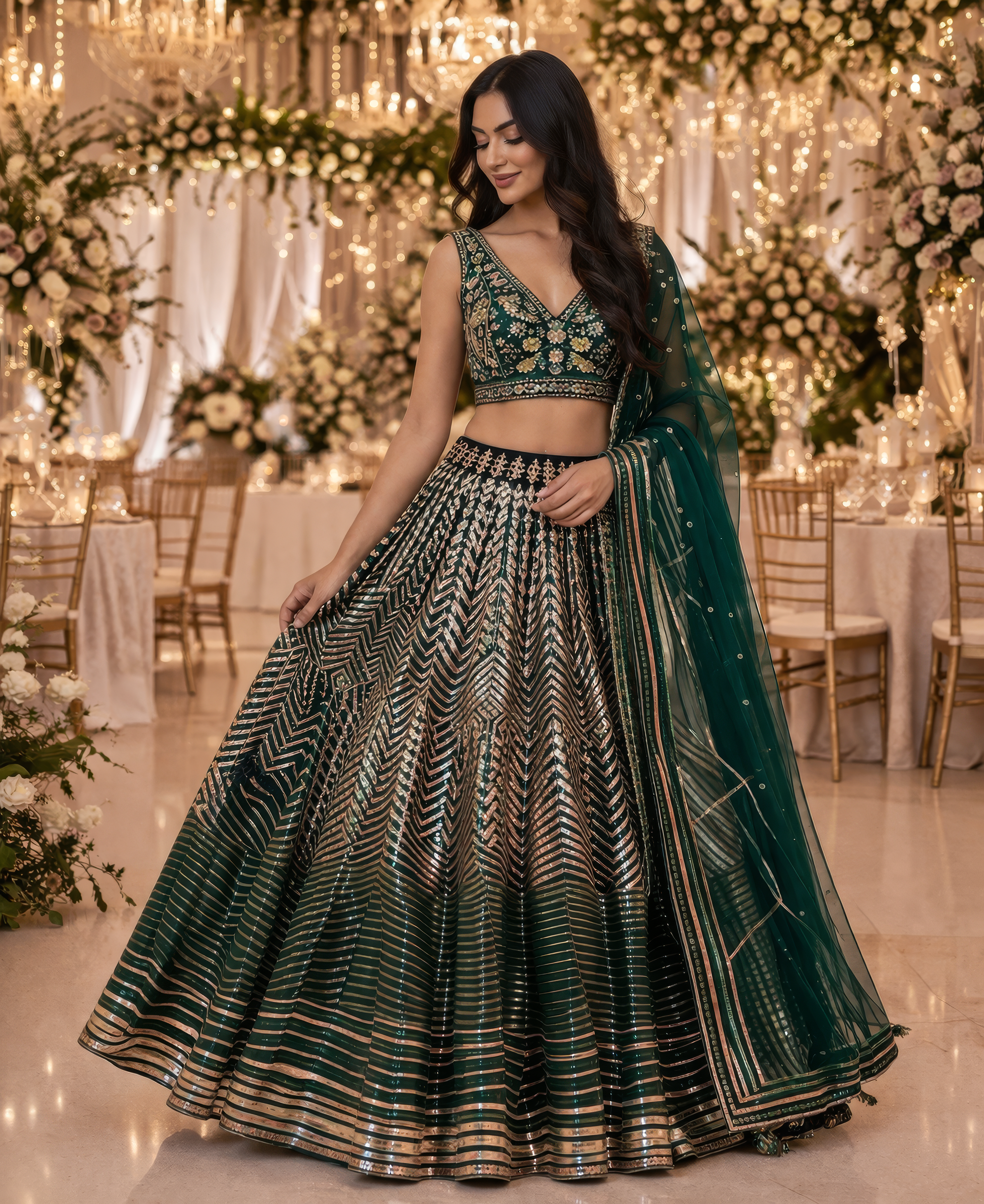 Emerald Green Sequin Lehenga Set with Dupatta