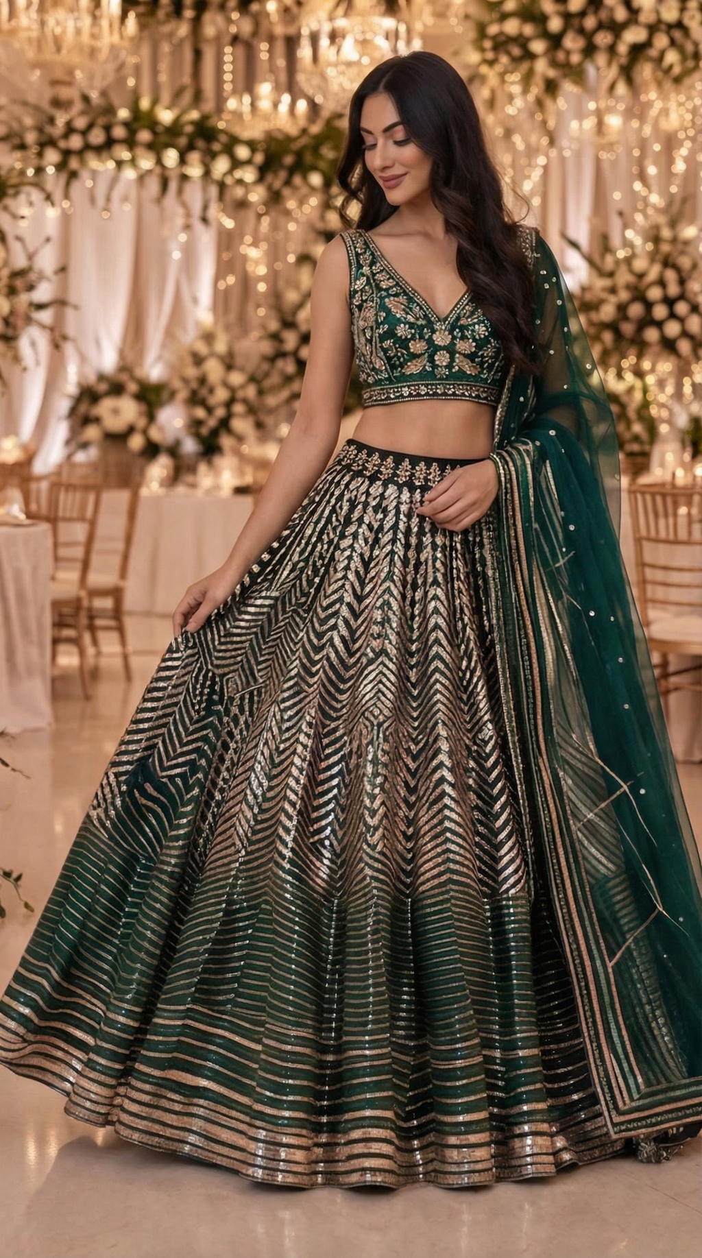 Emerald Green Sequin Lehenga Set with Dupatta