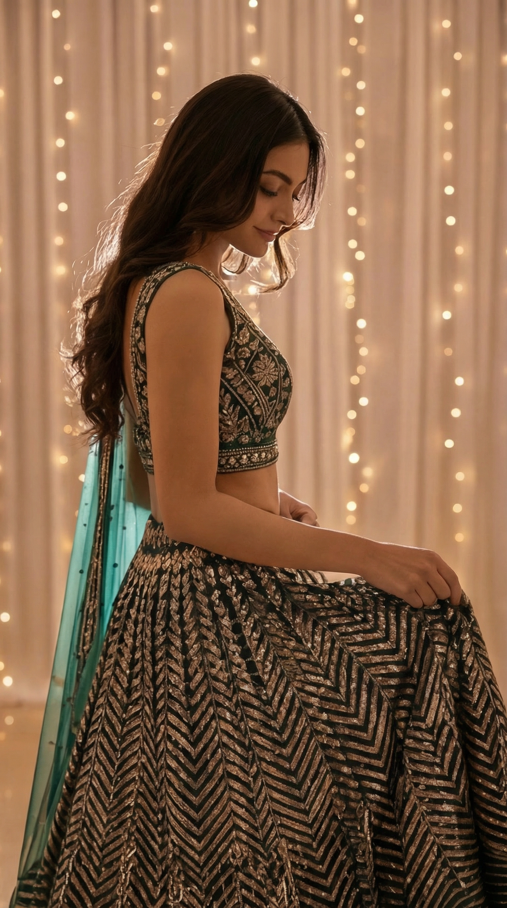 Emerald Green Sequin Lehenga Set with Dupatta