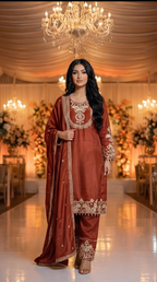 Zareen Rust Embroidered 3-Piece Set