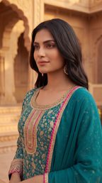 Teal Brocade Suit Set