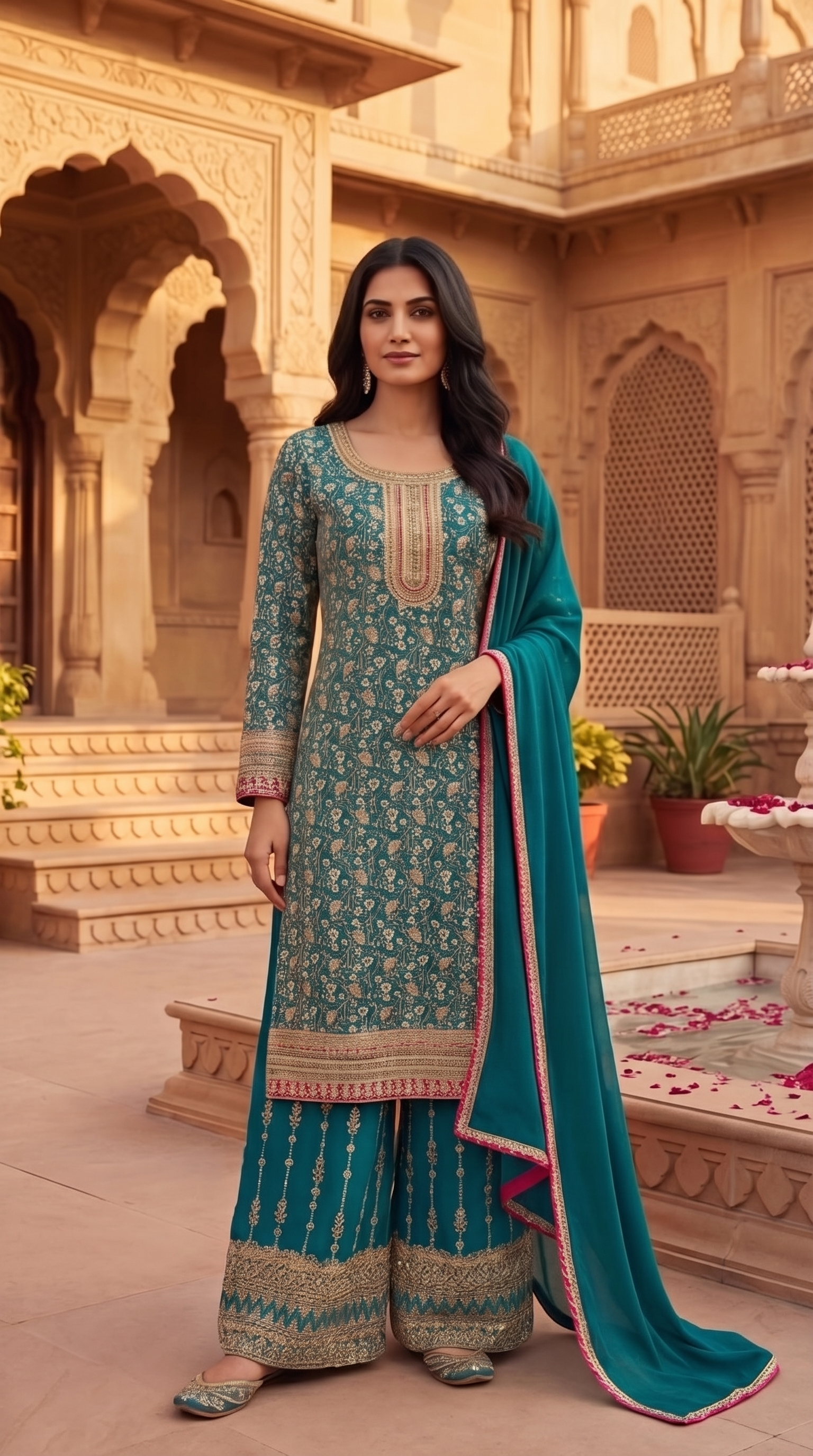Teal Brocade Suit Set
