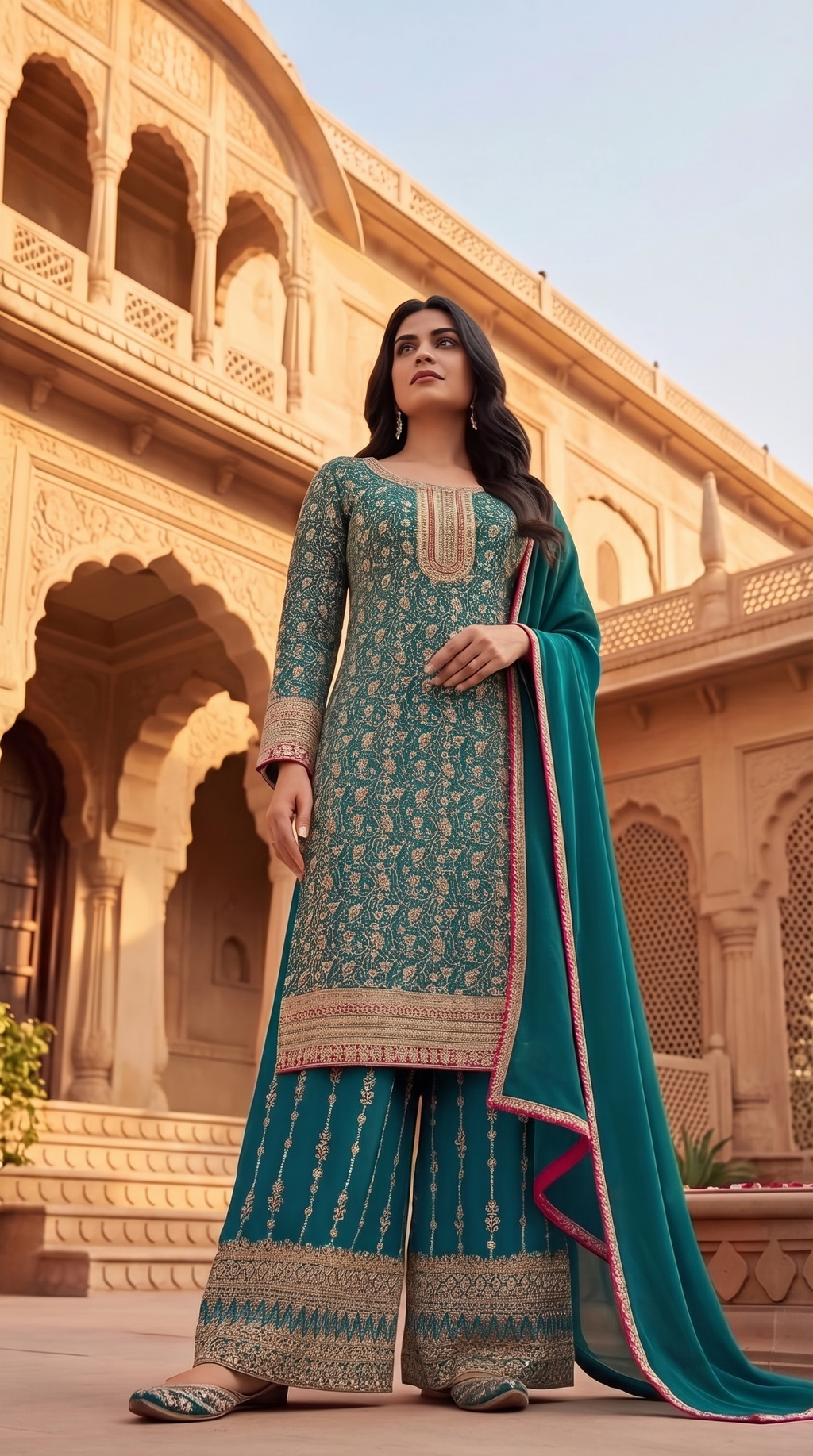 Teal Brocade Suit Set