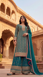Teal Brocade Suit Set