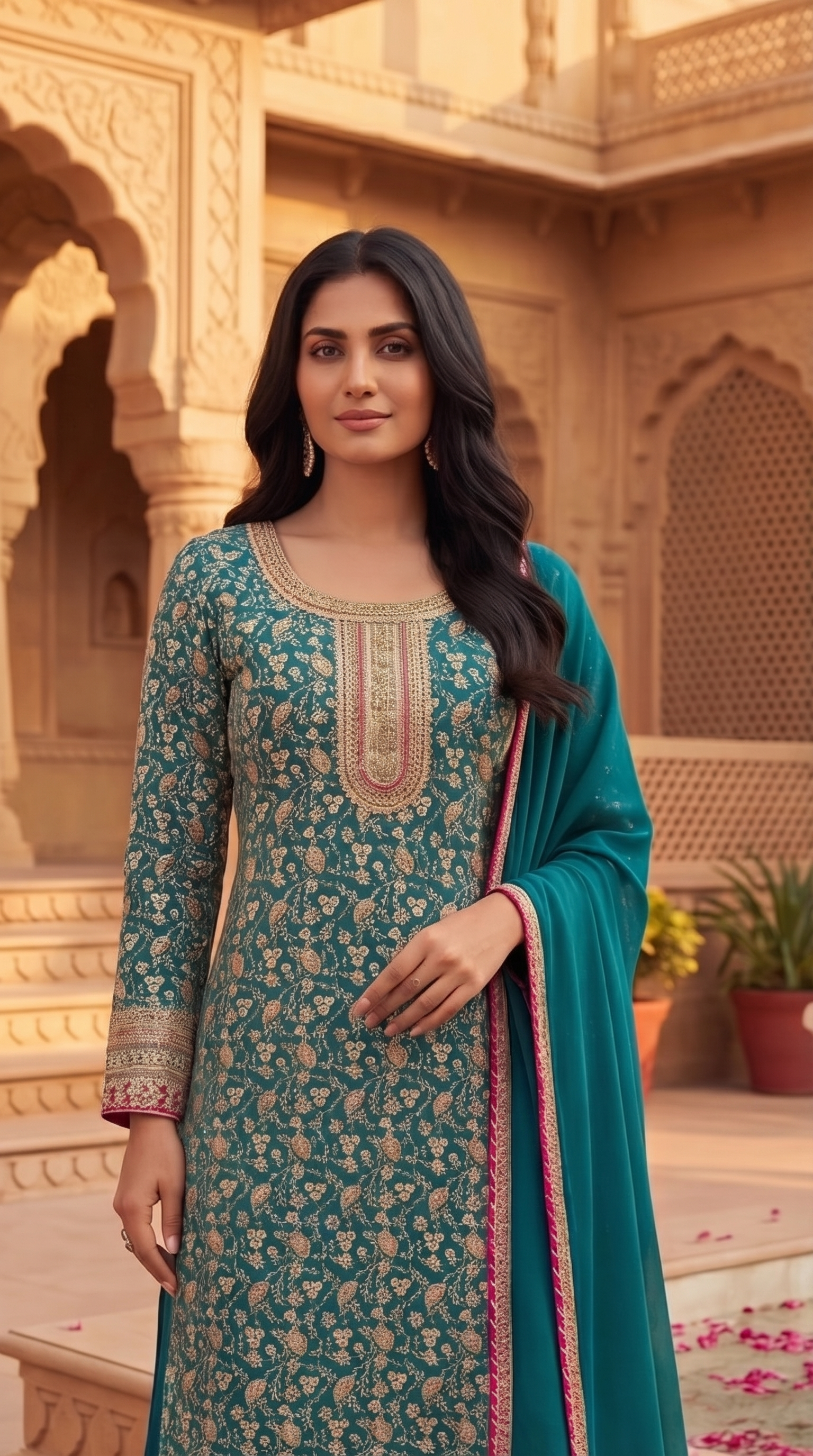 Teal Brocade Suit Set