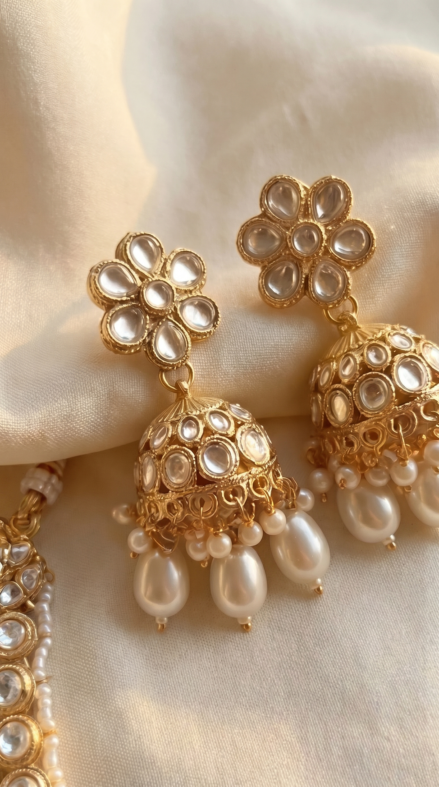 Noor Bridal Set — Gold Kundan Necklace, Jhumka Earrings & Maang Tikka with Pearl Drops