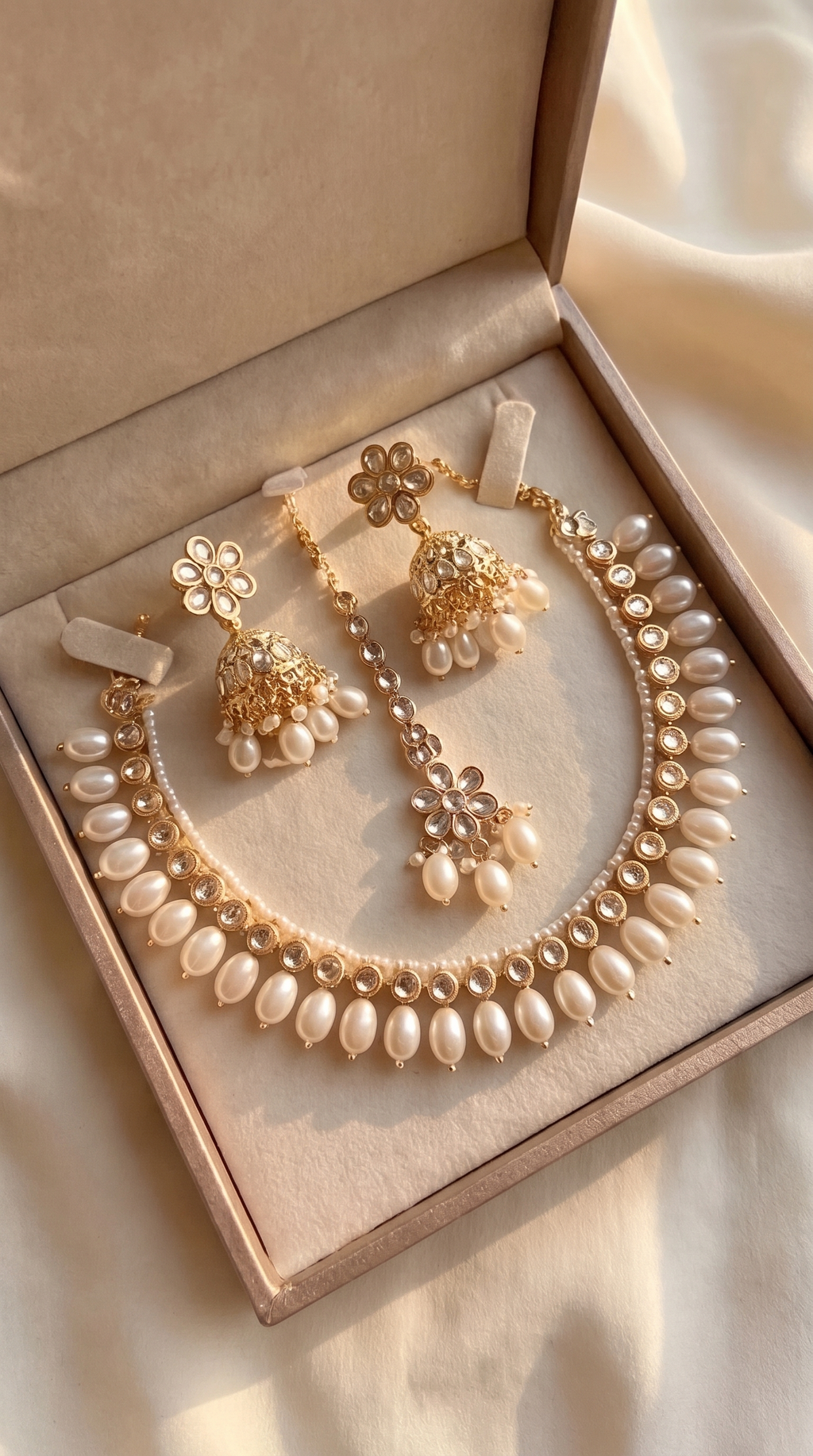 Noor Bridal Set — Gold Kundan Necklace, Jhumka Earrings & Maang Tikka with Pearl Drops