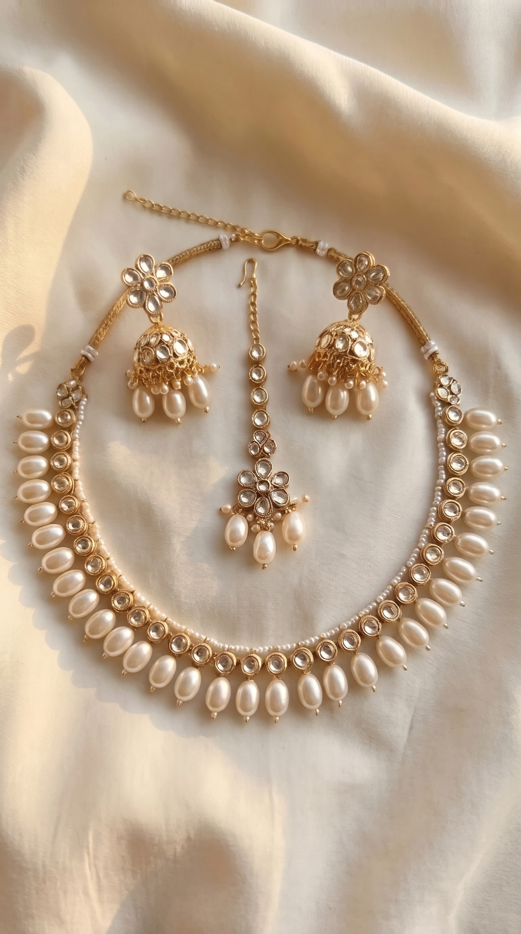 Noor Bridal Set — Gold Kundan Necklace, Jhumka Earrings & Maang Tikka with Pearl Drops