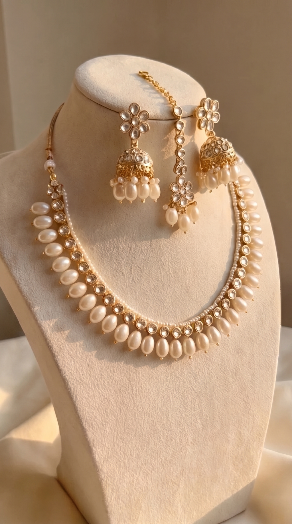 Noor Bridal Set — Gold Kundan Necklace, Jhumka Earrings & Maang Tikka with Pearl Drops