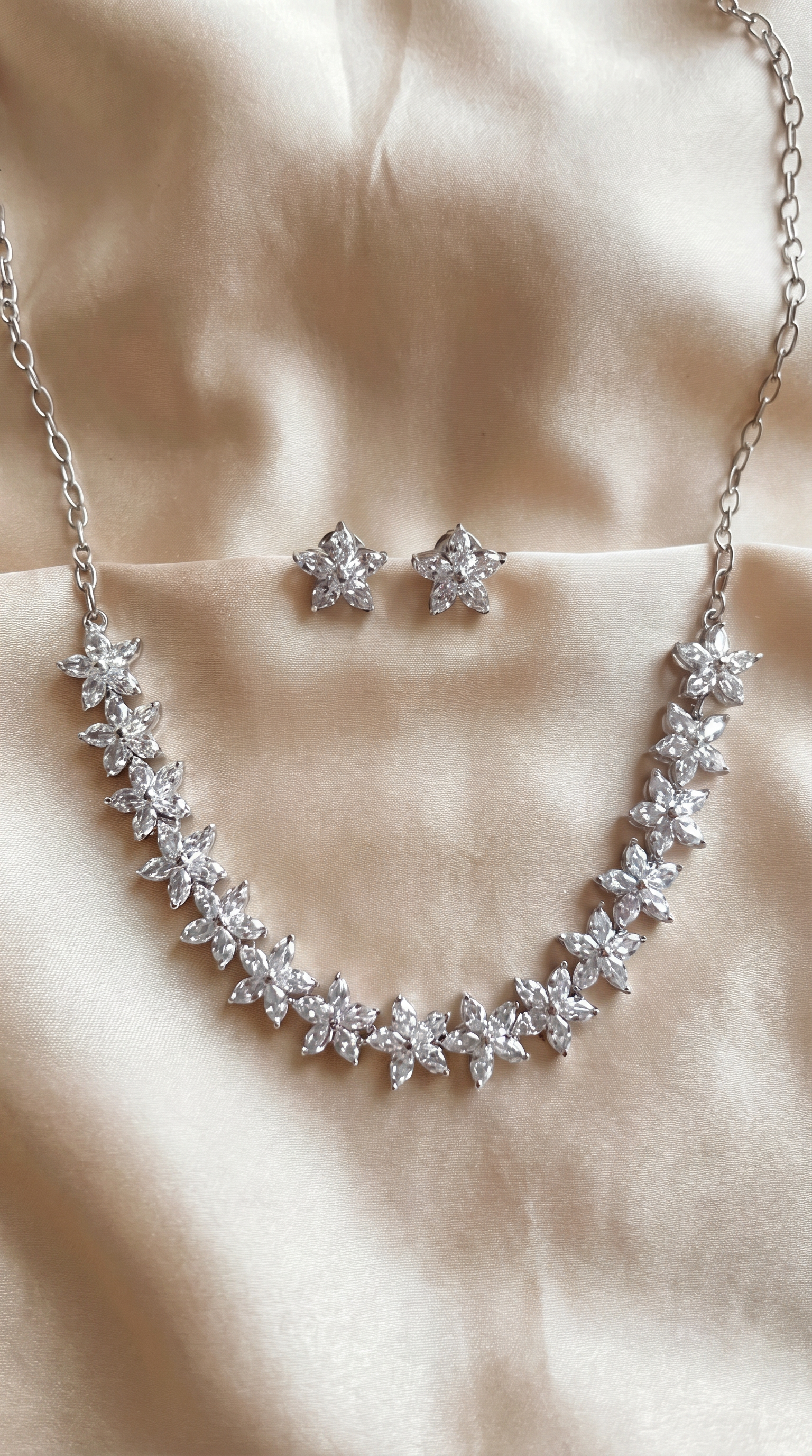 Mogra Necklace Set — Silver Cubic Zirconia Floral Necklace & Star Stud Earrings