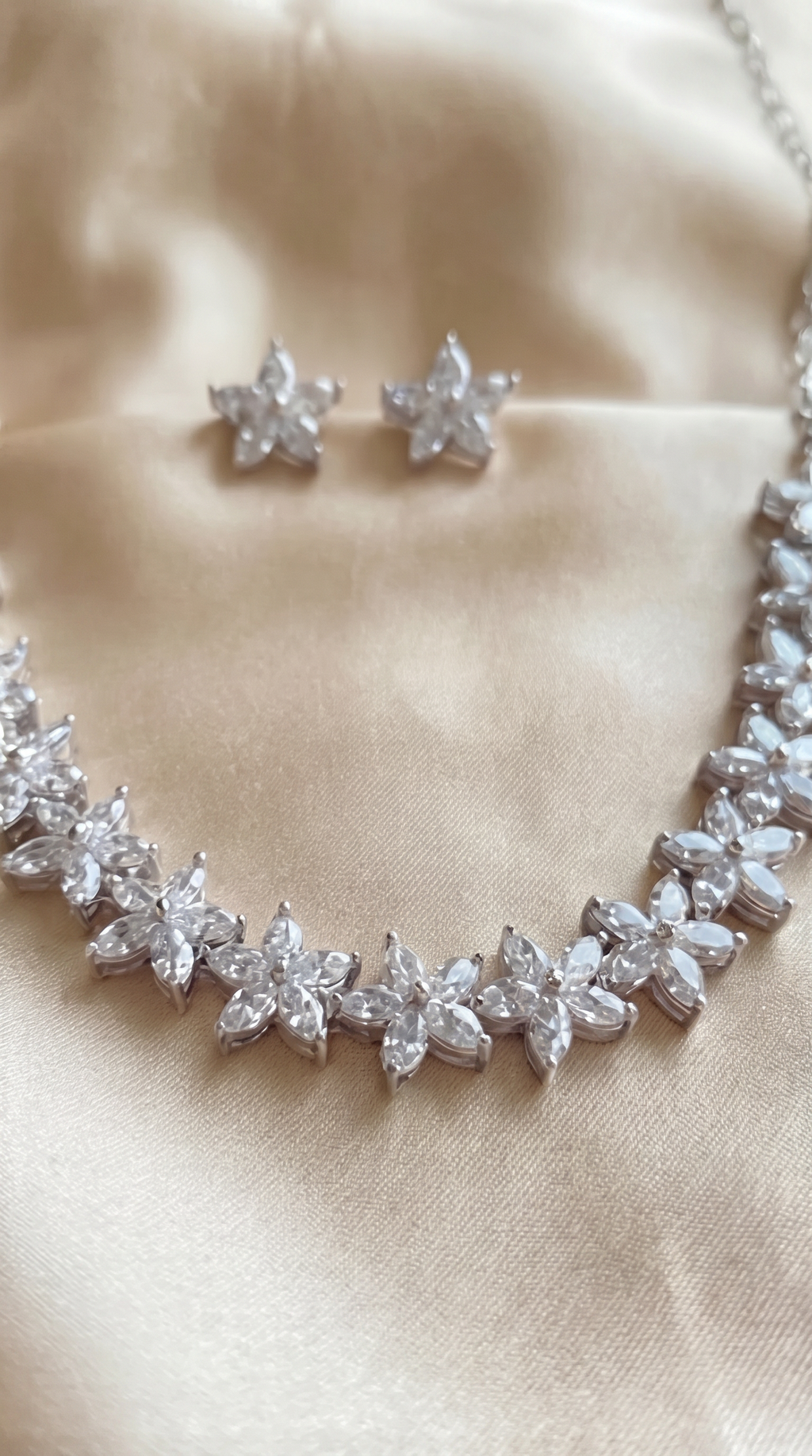 Mogra Necklace Set — Silver Cubic Zirconia Floral Necklace & Star Stud Earrings