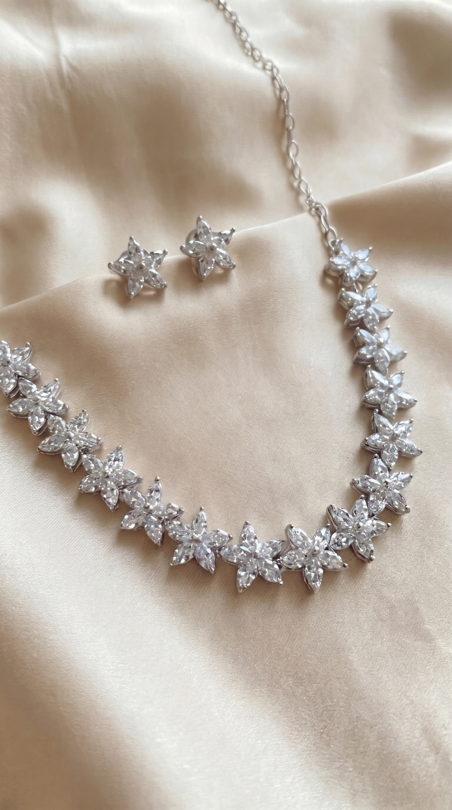 Mogra Necklace Set — Silver Cubic Zirconia Floral Necklace & Star Stud Earrings