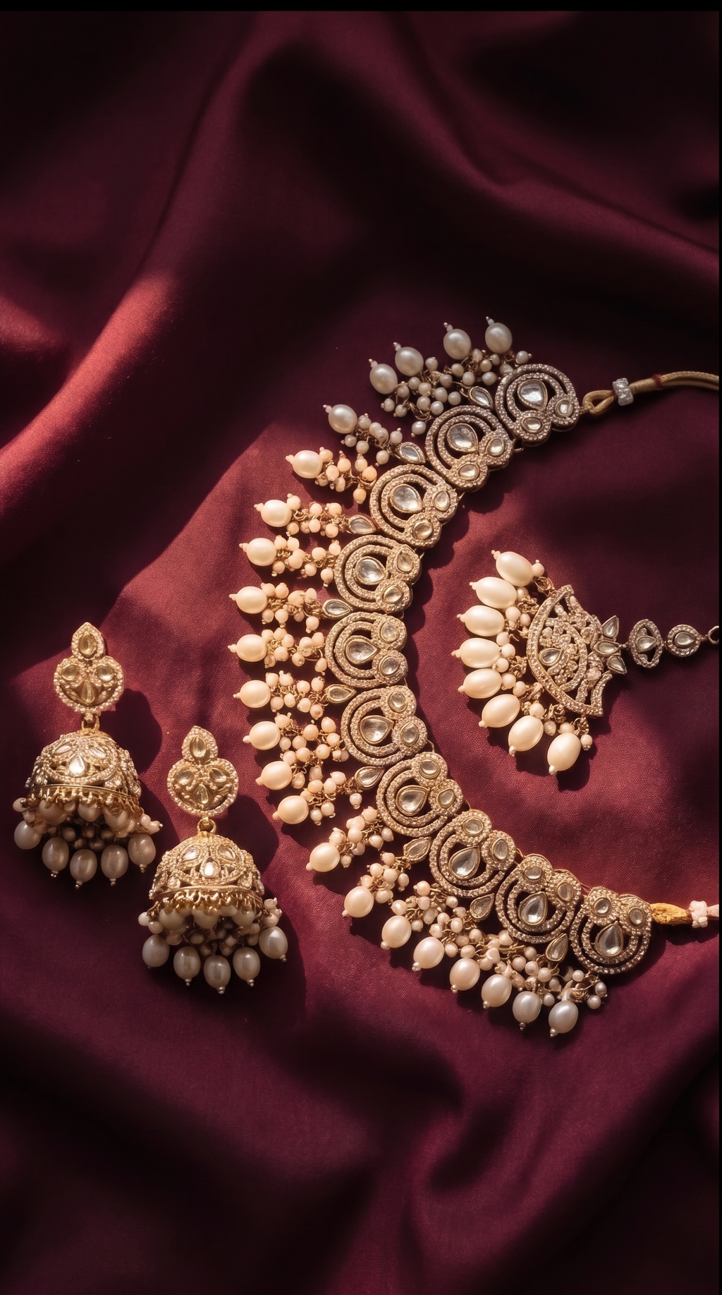 Darbar Bridal Set — Antique Gold Polki Choker, Jhumka Earrings & Maang Tikka
