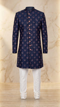 Royal Navy Floral Sherwani Set with Ivory Churidar - Indian groom wedding sherwani with floral embroidery - view 1