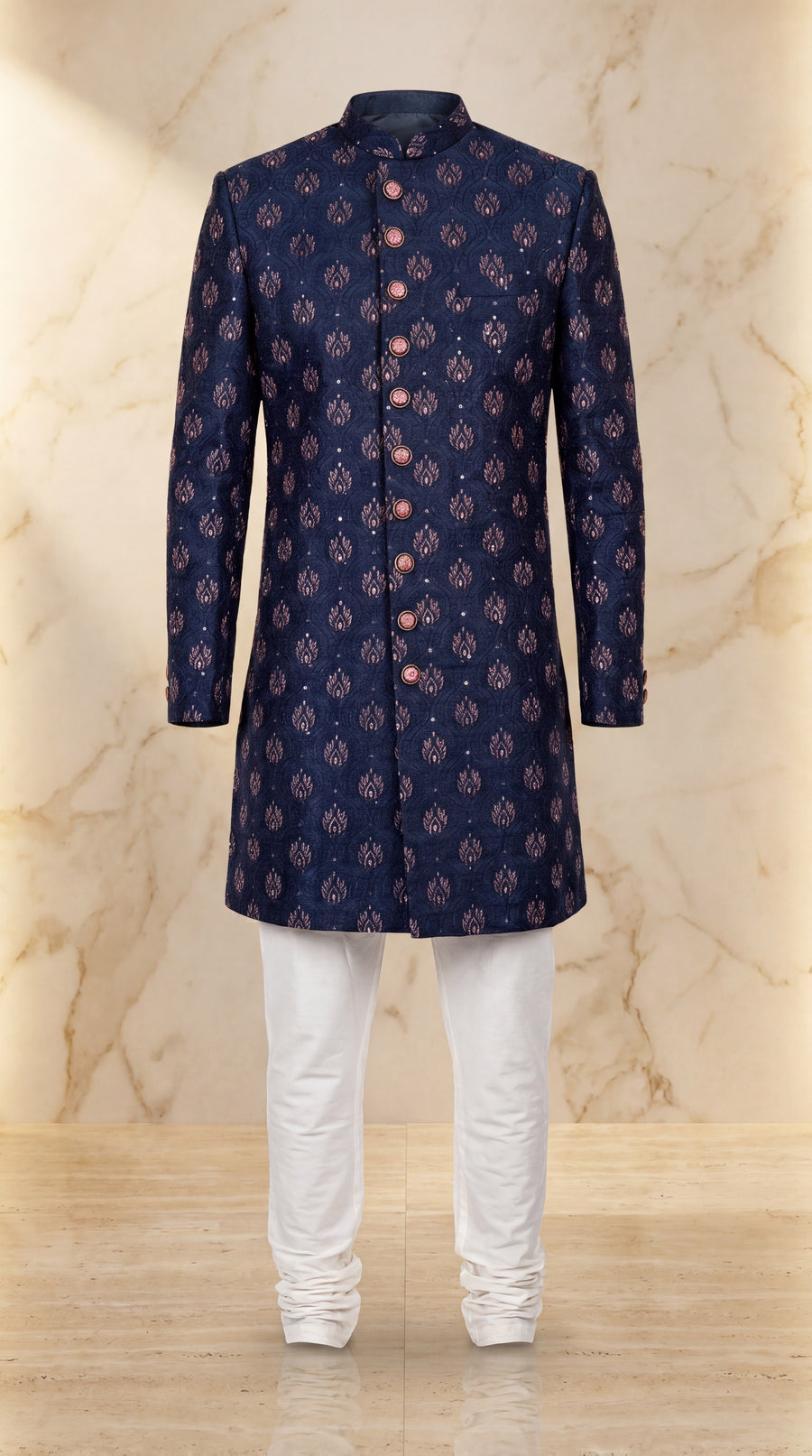 Royal Navy Floral Sherwani Set with Ivory Churidar - Indian groom wedding sherwani with floral embroidery - view 1