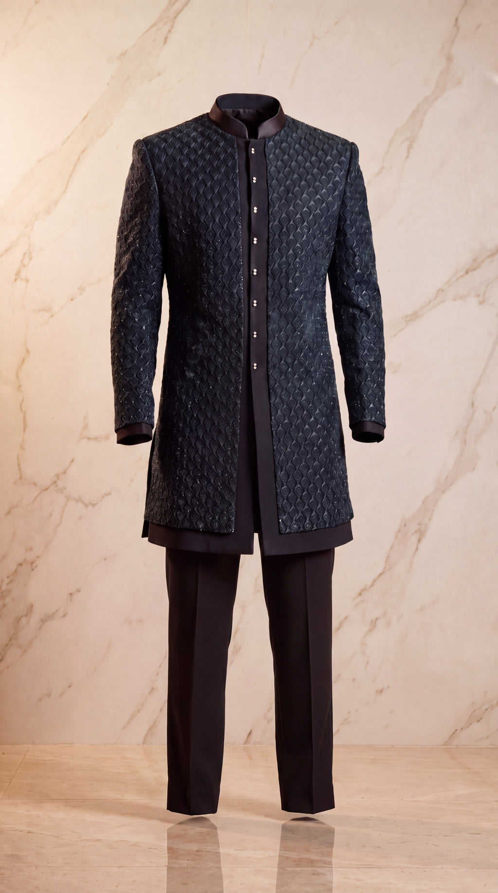 Midnight Teal Beaded Three-Piece Sherwani Set - Indian groom wedding sherwani with beadwork embroidery - view 1