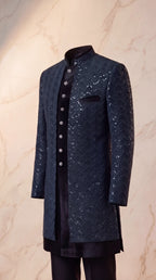 Onyx Chevron Sequin Velvet Sherwani Set - Indian groom wedding sherwani with sequin embroidery and velvet base - view 2