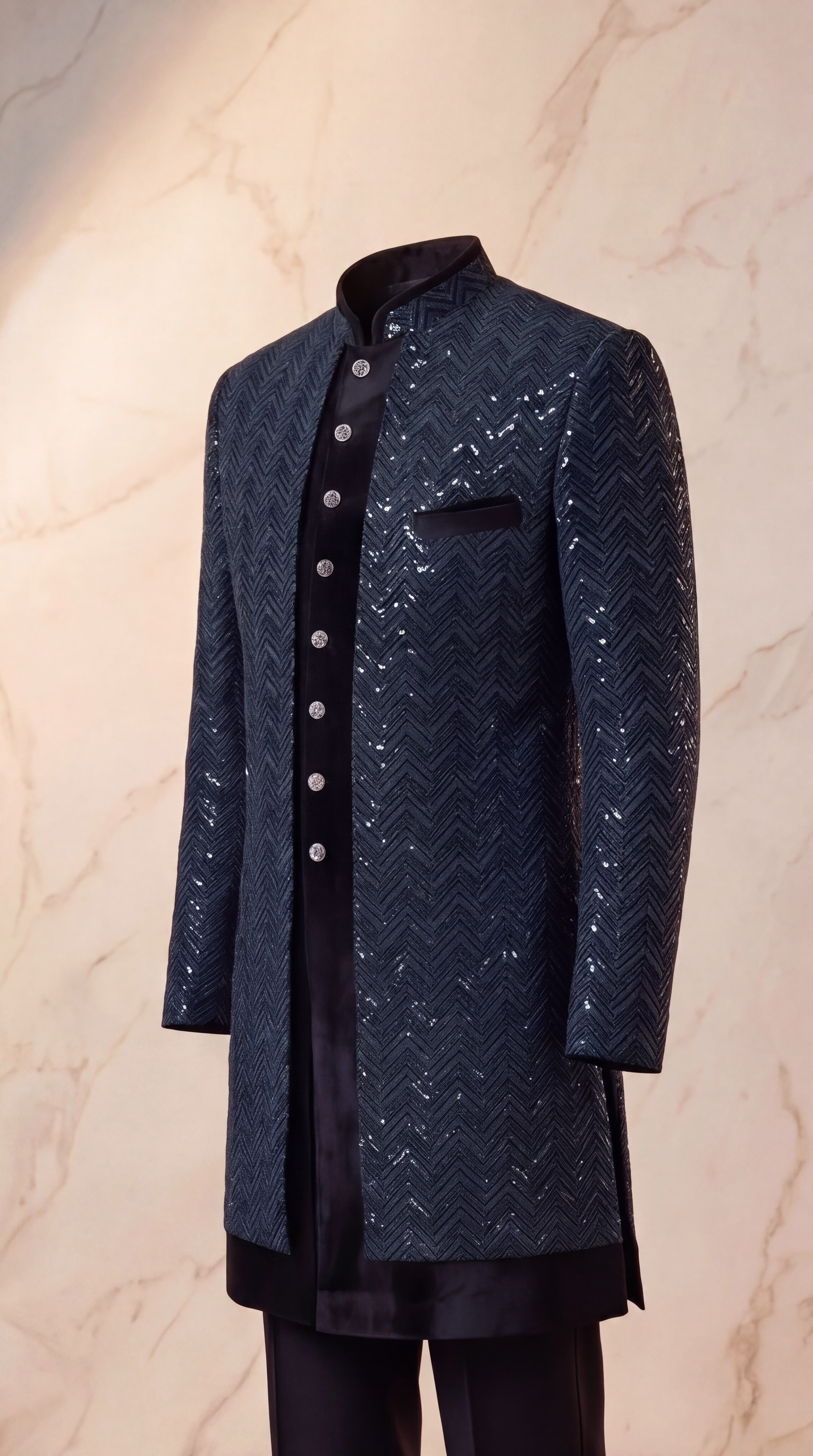 Onyx Chevron Sequin Velvet Sherwani Set - Indian groom wedding sherwani with sequin embroidery and velvet base - view 2