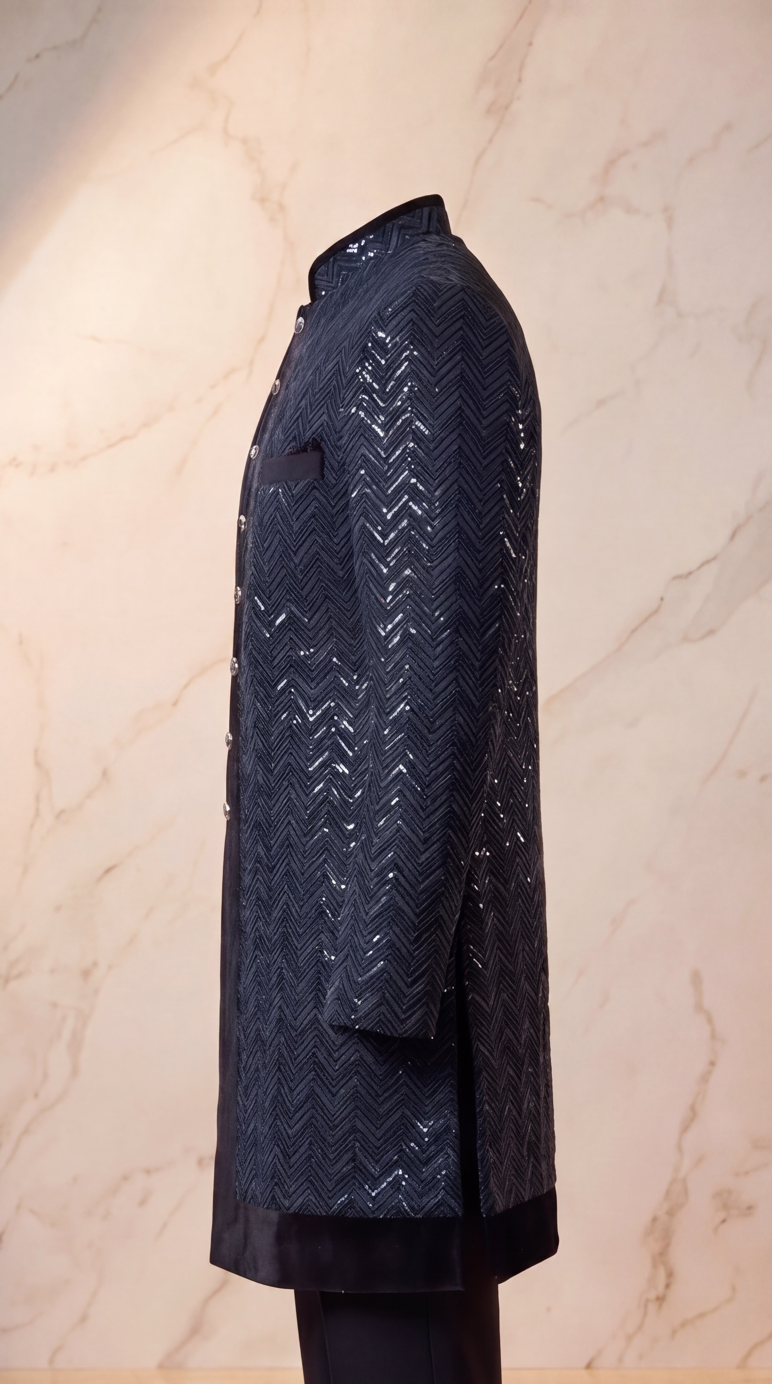 Onyx Chevron Sequin Velvet Sherwani Set - Indian groom wedding sherwani with sequin embroidery and velvet base - view 9