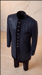 Onyx Chevron Sequin Velvet Sherwani Set - Indian groom wedding sherwani with sequin embroidery and velvet base - view 7