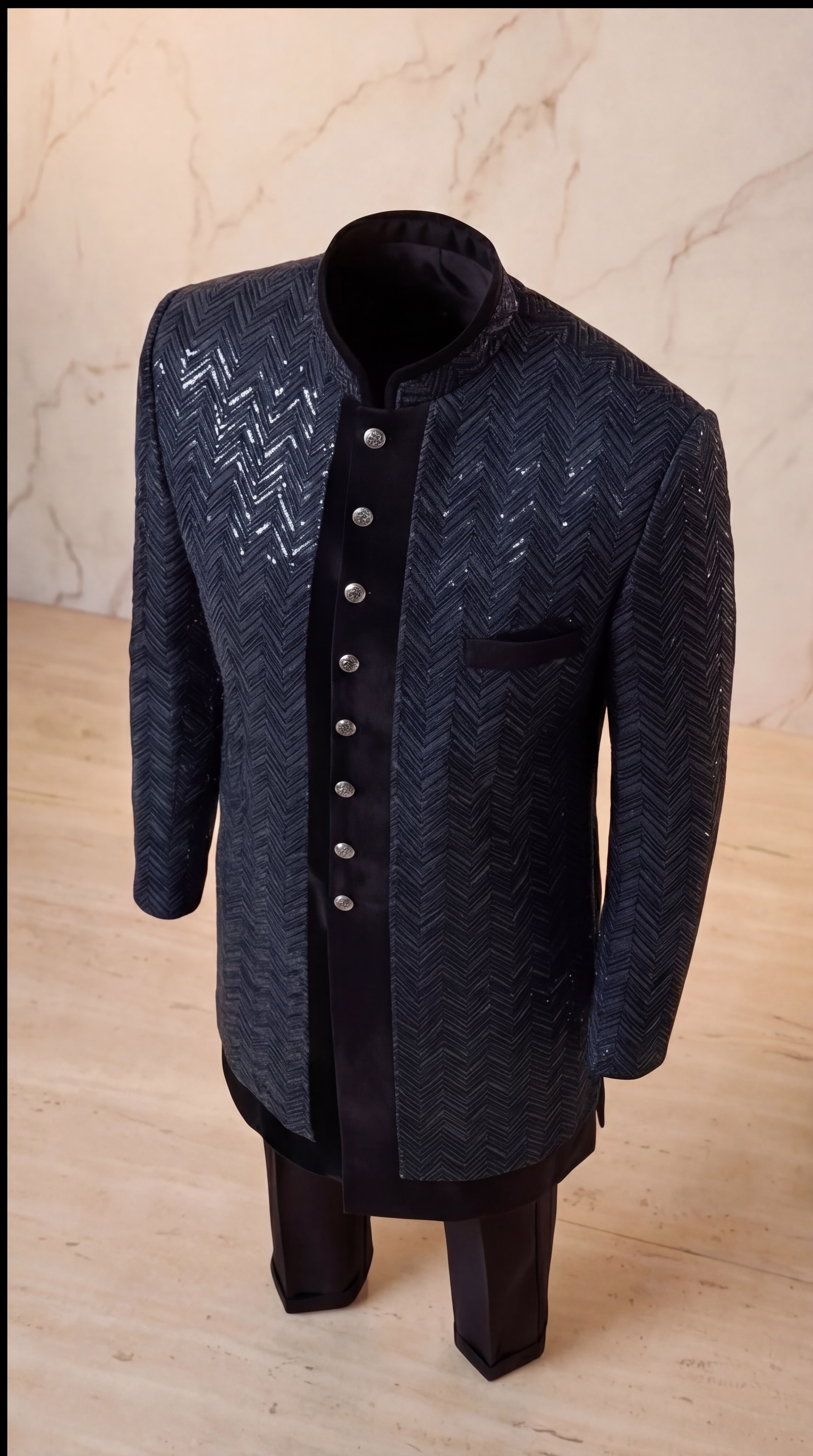 Onyx Chevron Sequin Velvet Sherwani Set - Indian groom wedding sherwani with sequin embroidery and velvet base - view 7
