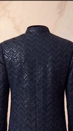 Onyx Chevron Sequin Velvet Sherwani Set - Indian groom wedding sherwani with sequin embroidery and velvet base - view 3