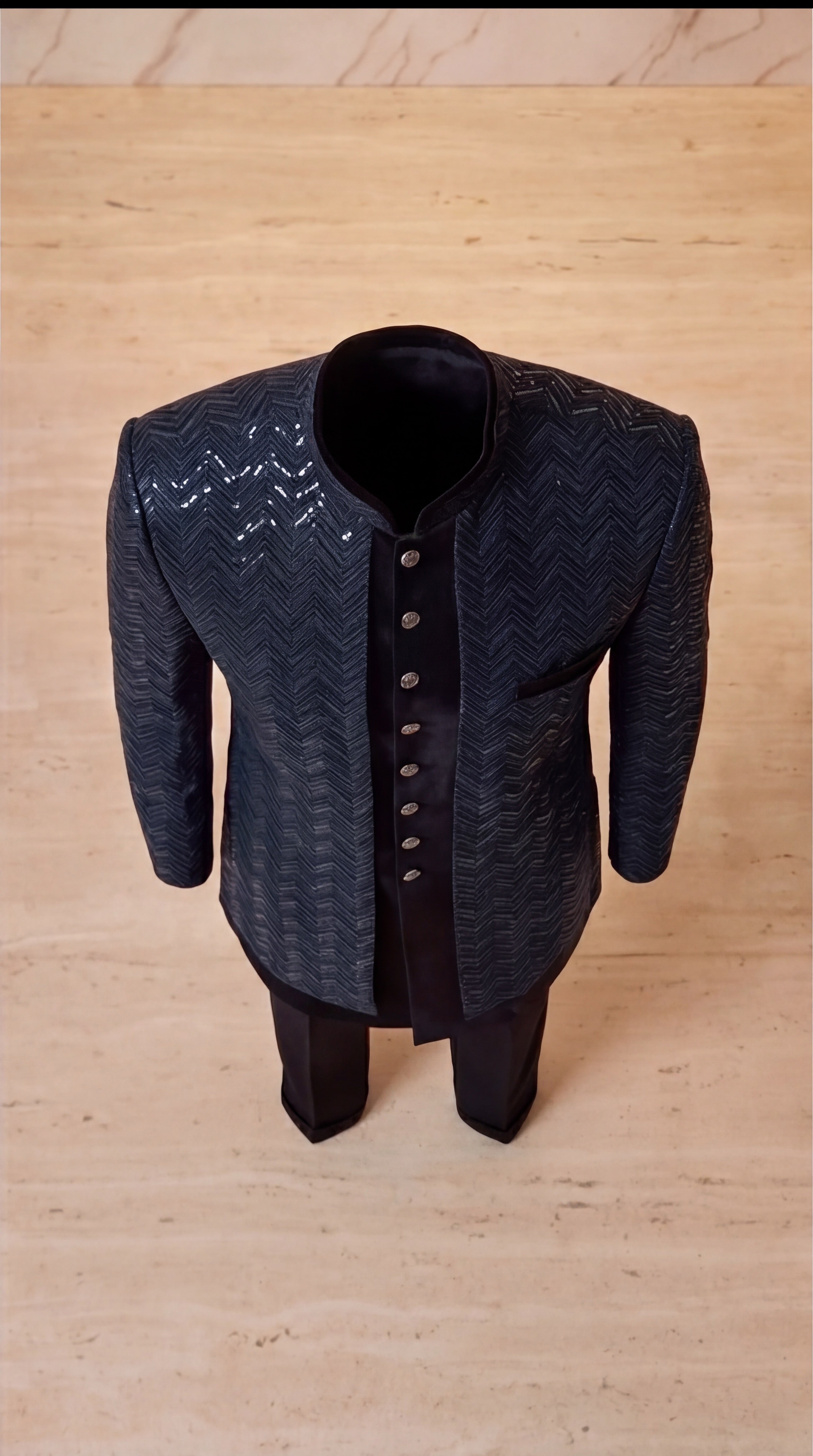 Onyx Chevron Sequin Velvet Sherwani Set - Indian groom wedding sherwani with sequin embroidery and velvet base - view 8