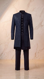 Onyx Chevron Sequin Velvet Sherwani Set - Indian groom wedding sherwani with sequin embroidery and velvet base - view 6