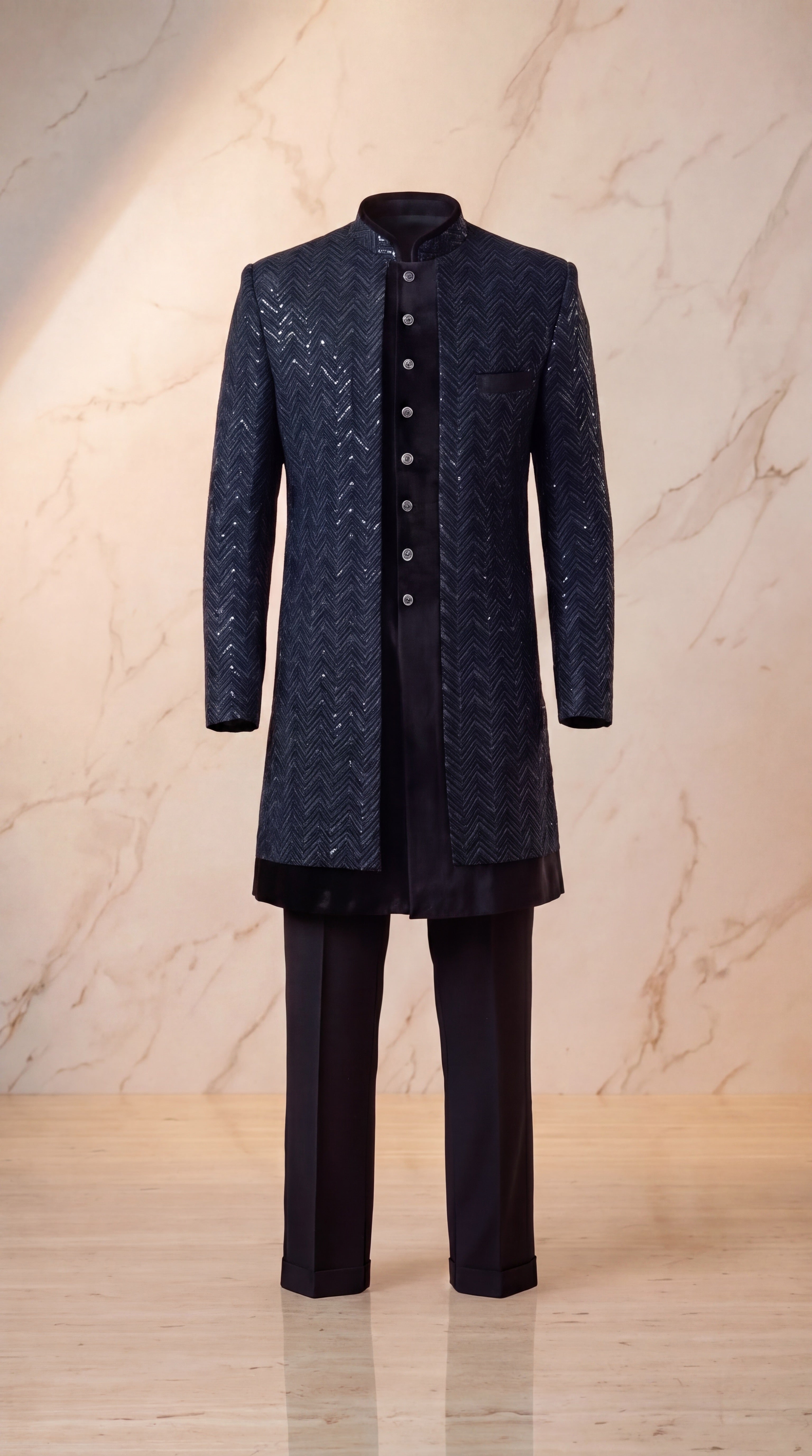 Onyx Chevron Sequin Velvet Sherwani Set - Indian groom wedding sherwani with sequin embroidery and velvet base - view 6