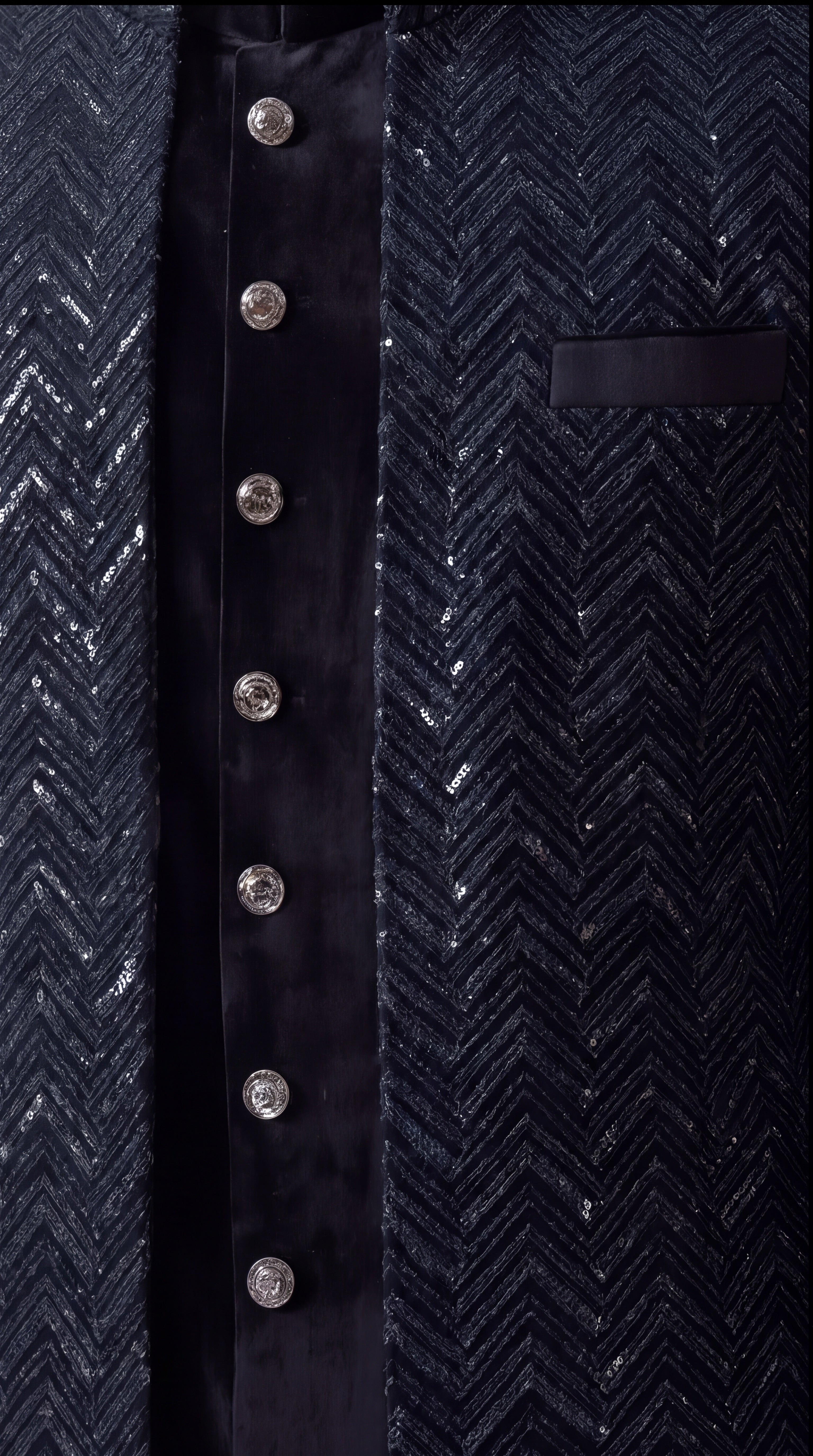 Onyx Chevron Sequin Velvet Sherwani Set - Indian groom wedding sherwani with sequin embroidery and velvet base - view 5