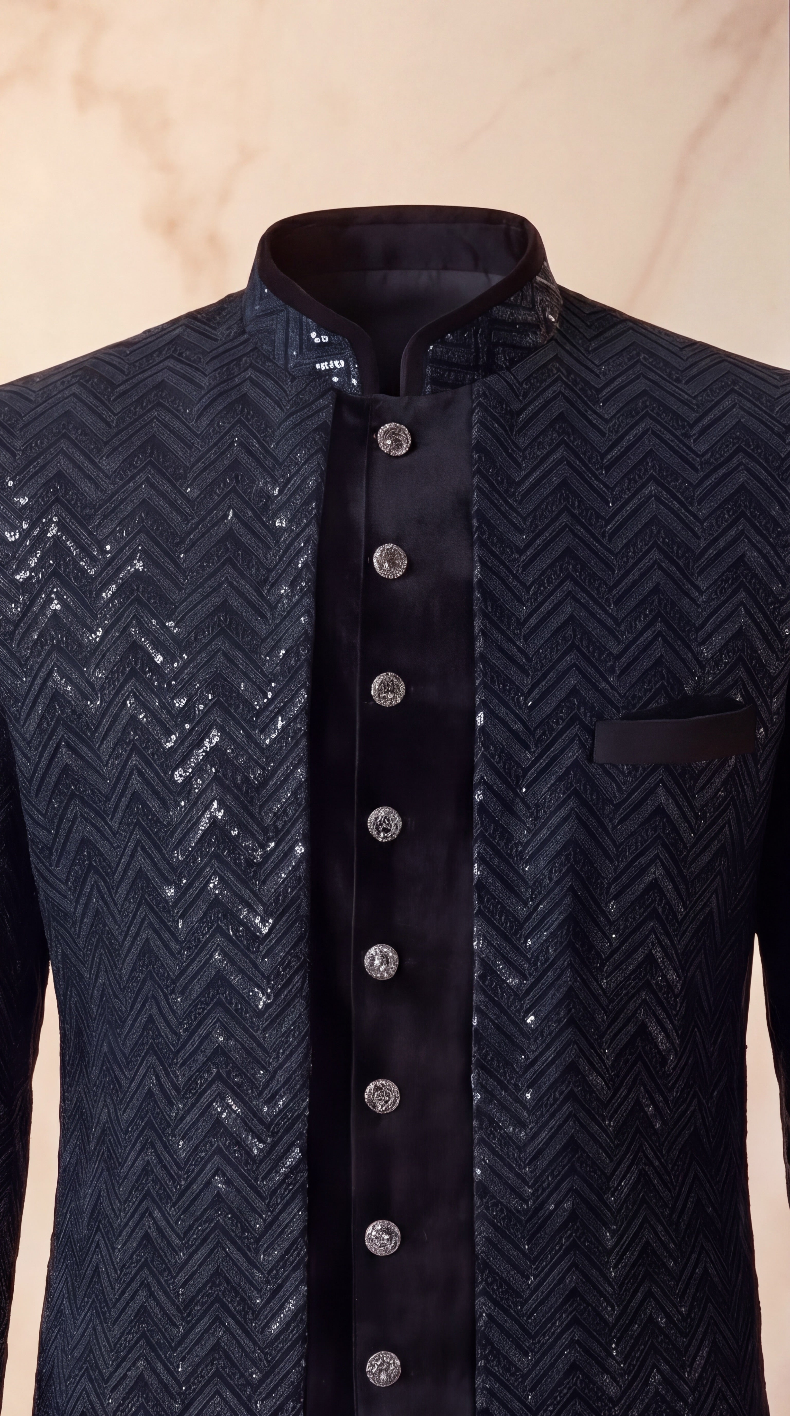 Onyx Chevron Sequin Velvet Sherwani Set - Indian groom wedding sherwani with sequin embroidery and velvet base - view 4