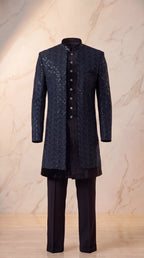 Onyx Chevron Sequin Velvet Sherwani Set - Indian groom wedding sherwani with sequin embroidery and velvet base - view 10