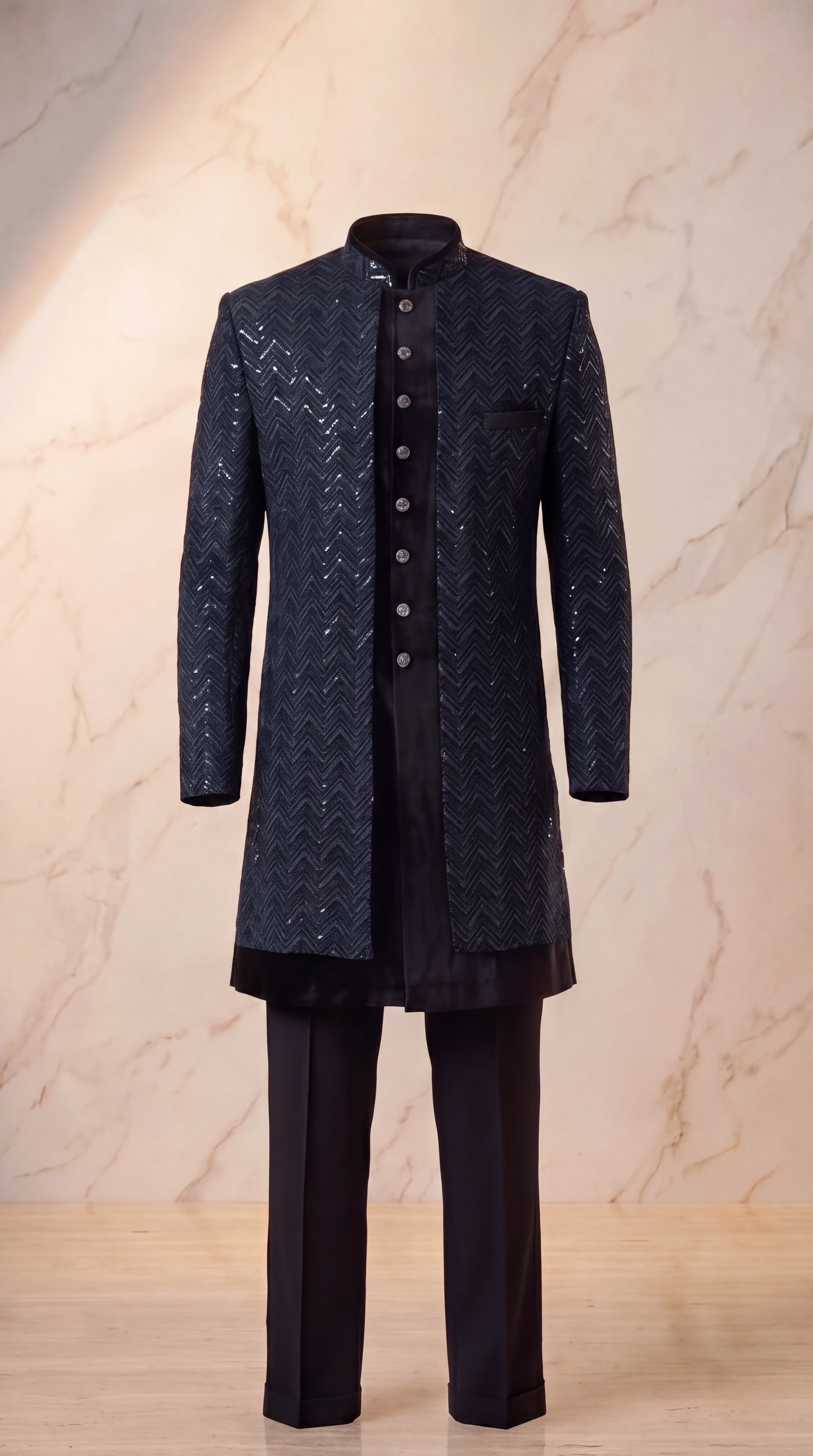 Onyx Chevron Sequin Velvet Sherwani Set - Indian groom wedding sherwani with sequin embroidery and velvet base - view 10