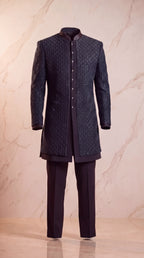 Midnight Teal Beaded Three-Piece Sherwani Set - Indian groom wedding sherwani with beadwork embroidery - view 2