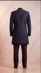 Midnight Teal Beaded Three-Piece Sherwani Set - Indian groom wedding sherwani with beadwork embroidery - view 7