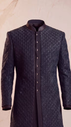 Midnight Teal Beaded Three-Piece Sherwani Set - Indian groom wedding sherwani with beadwork embroidery - view 3