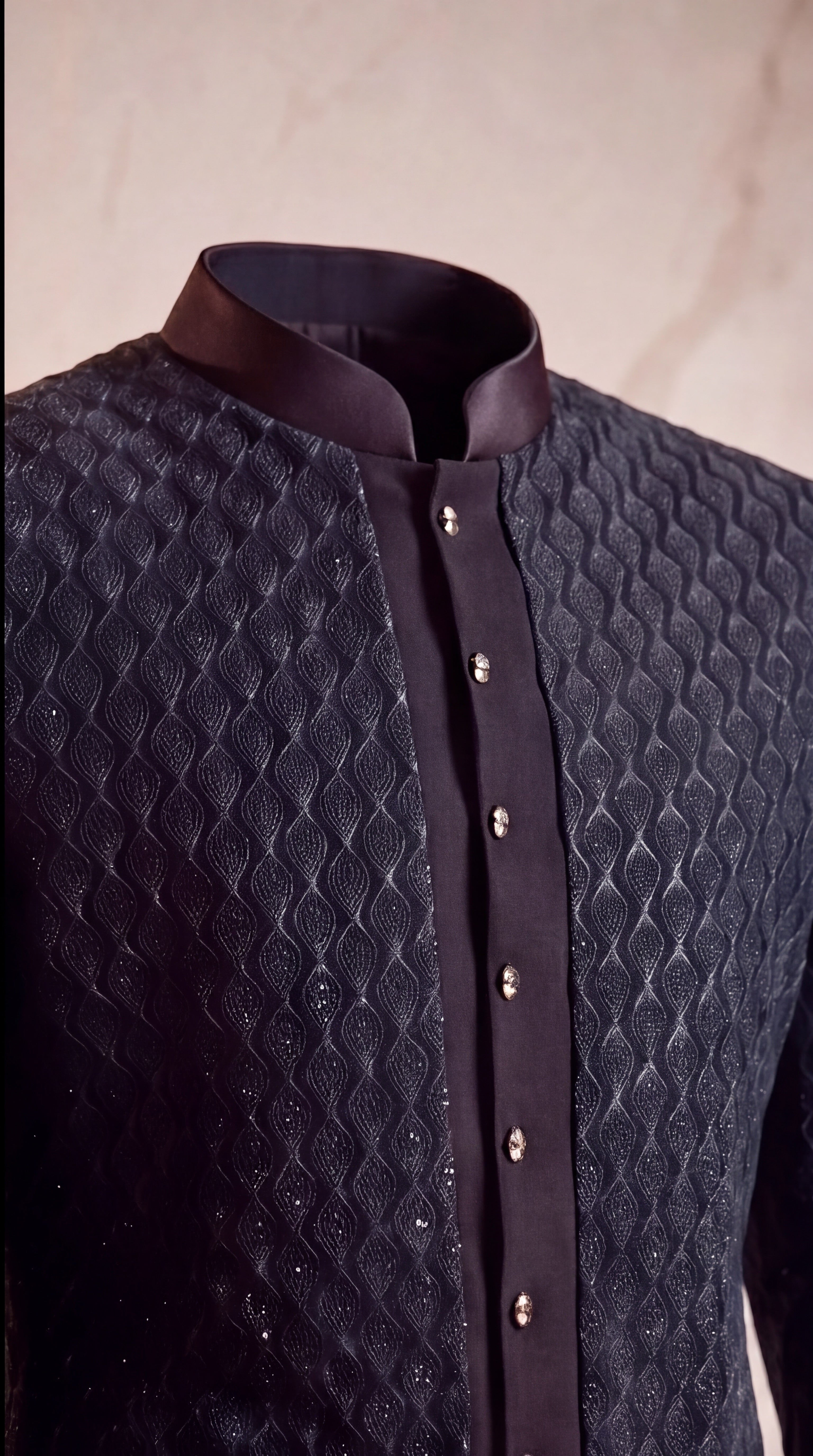 Midnight Teal Beaded Three-Piece Sherwani Set - Indian groom wedding sherwani with beadwork embroidery - view 5