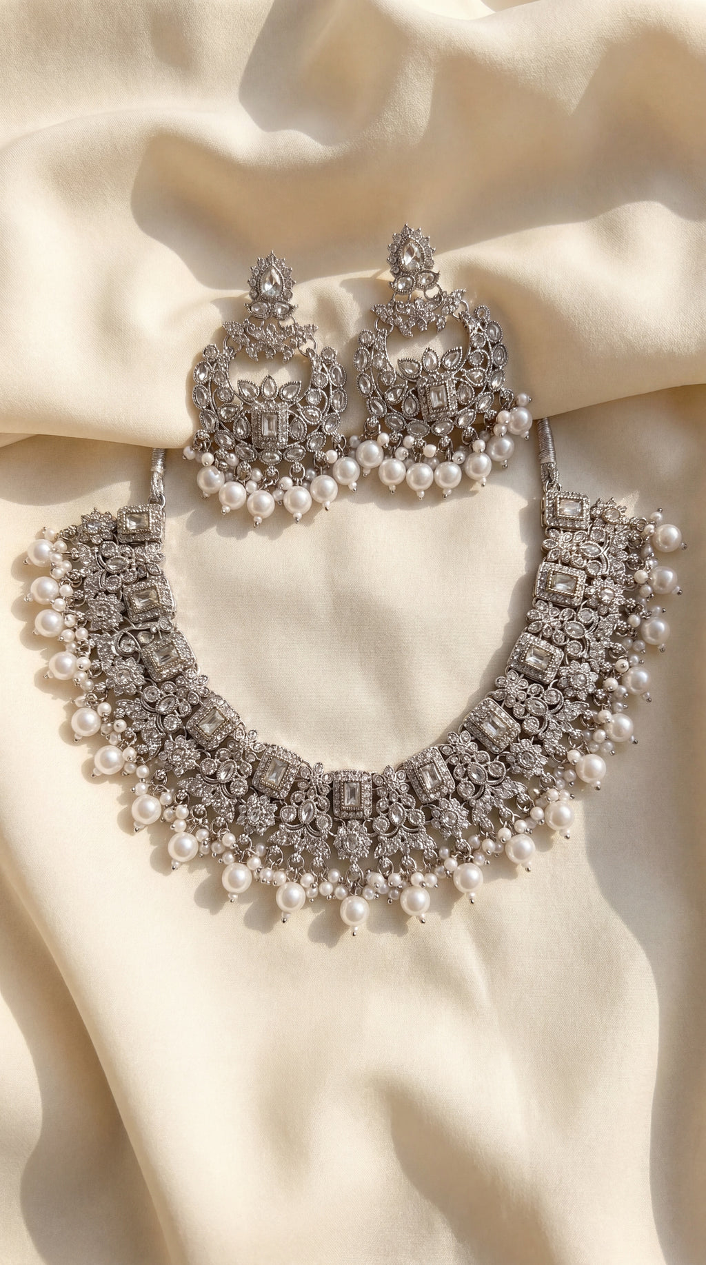 Silver Crystal Polki Statement Necklace Set - Indian bridal polki jewelry with crystal stones - view 1