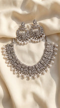 Silver Crystal Polki Statement Necklace Set - Indian bridal polki jewelry with crystal stones - view 1