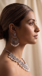 Silver Crystal Polki Statement Necklace Set - Indian bridal polki jewelry with crystal stones - view 3