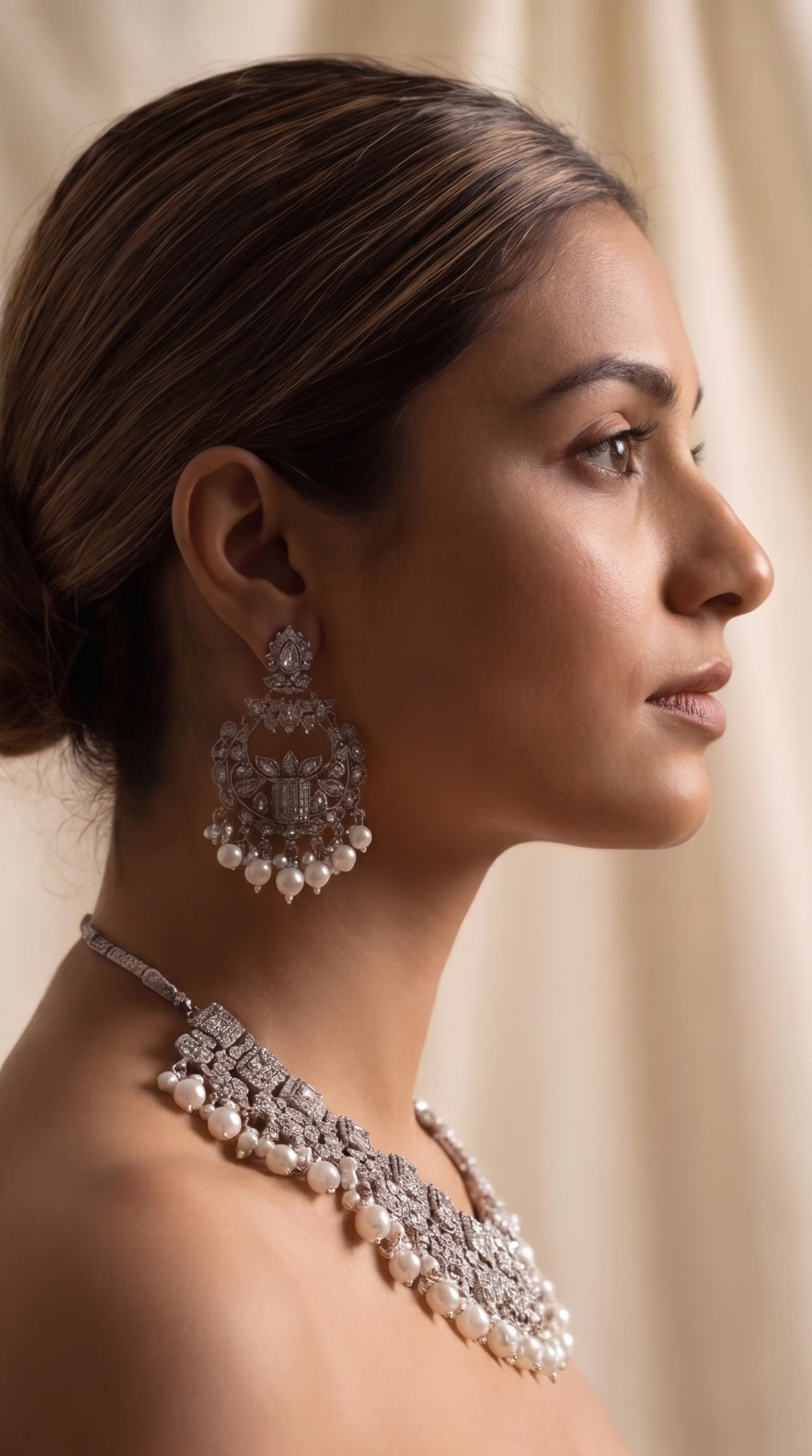 Silver Crystal Polki Statement Necklace Set - Indian bridal polki jewelry with crystal stones - view 3