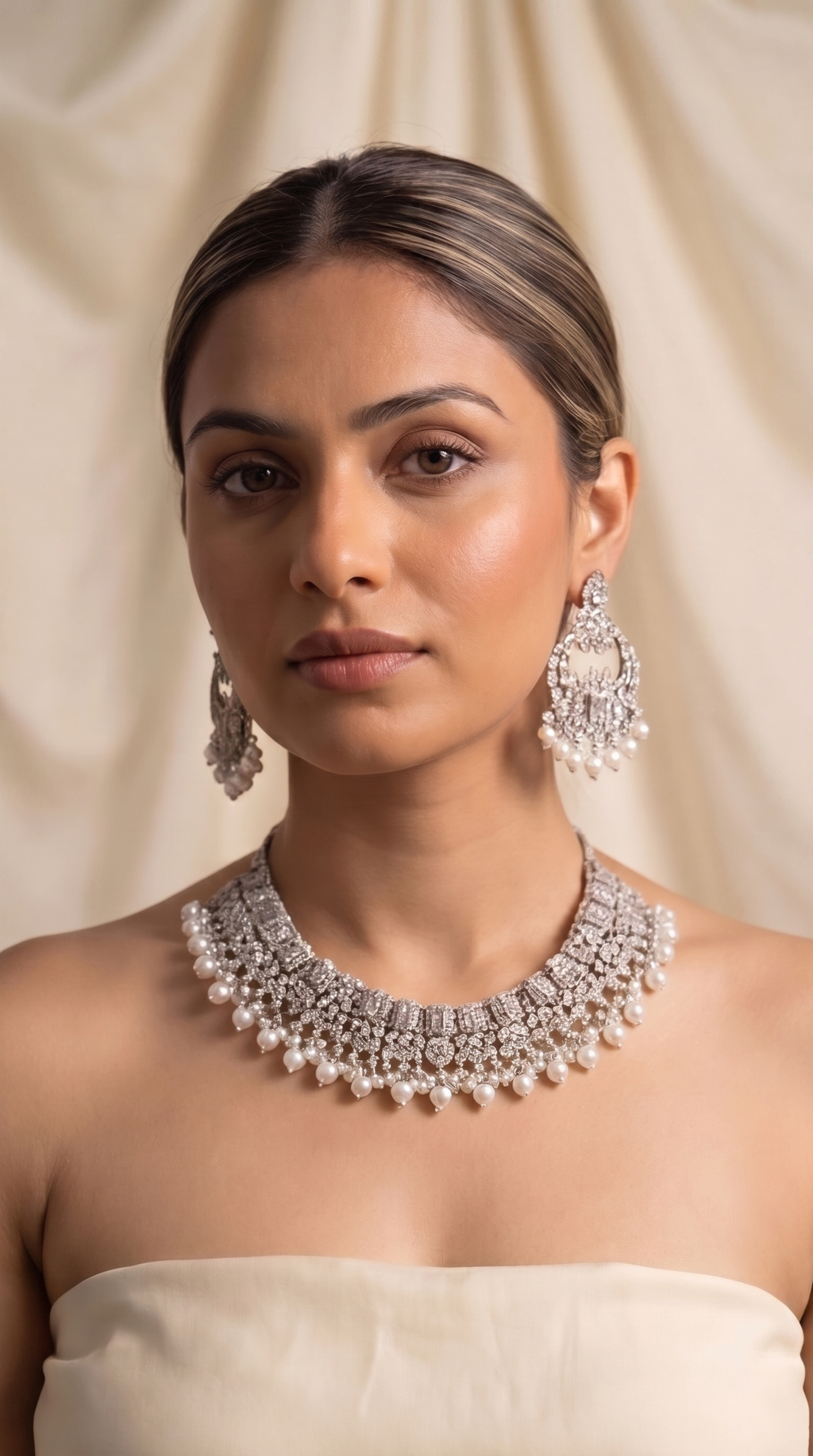 Silver Crystal Polki Statement Necklace Set - Indian bridal polki jewelry with crystal stones - view 2