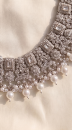 Silver Crystal Polki Statement Necklace Set - Indian bridal polki jewelry with crystal stones - view 6